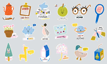 Cute scandinavian characters set including trendy quotes and cool decorative hand drawn elements. Cartoon doodle style illustration for patches, stickers, T-shirt, nursery, kids design. Vector.のイラスト素材