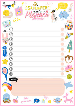 Collection of weekly or daily planner, note paper, to do list, stickers templates decorated by cute kids illustrations and inspirational quote. School scheduler and organizer. Flat vectorのイラスト素材