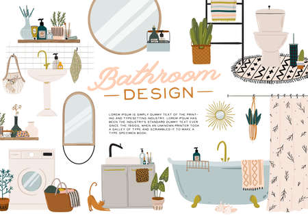 Stylish Scandinavian bathroom interior - bidet,tap, bath,toilet, sink,, home decorations. Cozy modern comfy apartment furnished in Hygge style. Vector illustrationのイラスト素材