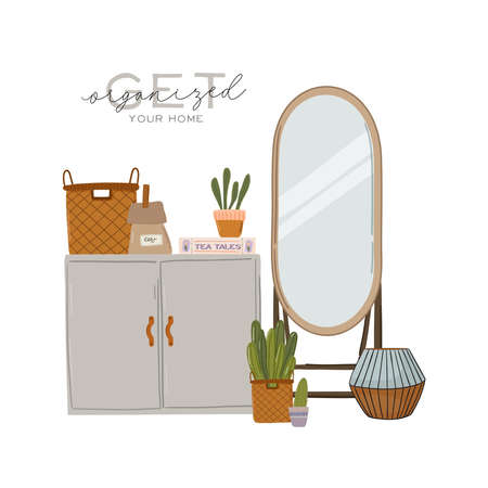 Stylish Scandinavian entrance hall interior and home decorations. Female clothes in  wardrobe. Clothing organization and storage. Vector illustration for women shop, boutique, store.のイラスト素材