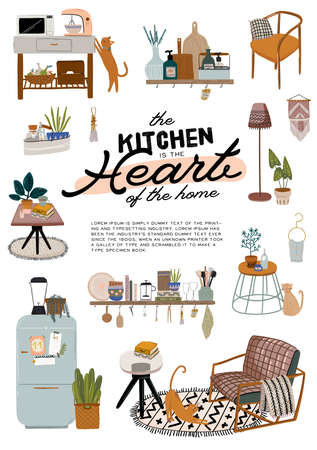 Stylish Scandinavian kitchen interior - stove, table, kitchen utensils, fridge, home decorations. Cozy modern comfy apartment furnished in Hygge style. Vector illustrationのイラスト素材