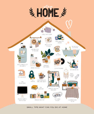 Stay home illusrtation and lettering with Coronavirus messages. Protect from Covid-19 epidemic. Self-isolation and quarantine phrases for social media, banners, web, stickers, tagsのイラスト素材