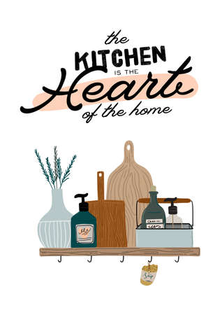 Stylish Scandinavian kitchen interior - stove, table, kitchen utensils, fridge, home decorations. Cozy modern comfy apartment furnished in Hygge style. Vector illustrationのイラスト素材