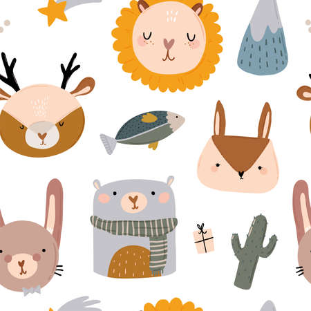 Cute kids scandinavian characters seamless pattern with trendy quotes and cool animal hand drawn elements. Cartoon doodle  illustration for baby shower, nursery room decor, children design. Vector.のイラスト素材