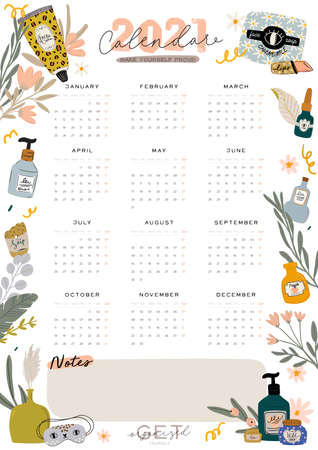 Wall calendar. 2021 Yearly Planner with all Months. Good school Organizer and Schedule. Cute floral and cosmetic background. Motivational quote lettering. Beauty vector illustration in trendy styleのイラスト素材