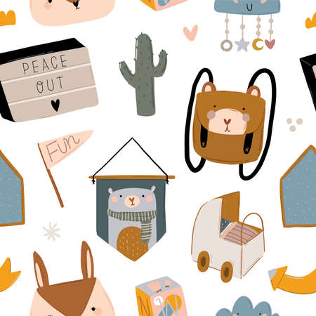 Cute kids scandinavian characters seamless pattern with trendy quotes and cool animal hand drawn elements. Cartoon doodle  illustration for baby shower, nursery room decor, children design. Vector.のイラスト素材