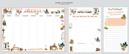 Stylish Scandinavian bedroom interior - bed, sofa, wardrobe, mirror, night stand, plant, lamp, home decorations. Cozy modern comfy apartment furnished in Hygge style. Vector illustration. Isolatedのイラスト素材