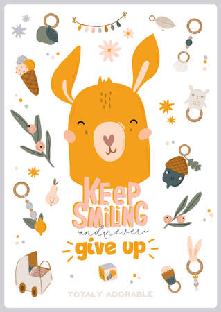 Cute baby shower in scandinavian style including trendy quotes and cool animal decorative hand drawn elements. Cartoon doodle kids  illustration for nursery room decor, children design. Vector.のイラスト素材