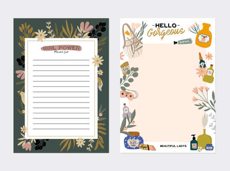 Collection of weekly or daily planner, note paper, to do list, stickers templates decorated by cute beauty cosmetic illustrations and trendy lettering. Trendy scheduler or organizer. Flat vectorのイラスト素材