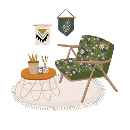 Trendy Scandinavian Urban Greenery at Home Jungle Interior with home decorations. Cozy Home Garden furnished in Hygge style. Crazy Plant Lady illustration. Isolated Vectorのイラスト素材