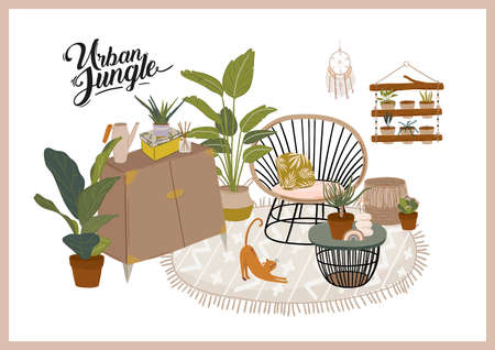 Trendy Scandinavian Urban Greenery at Home Jungle Interior with home decorations. Cozy Home Garden furnished in Hygge style. Crazy Plant Lady illustration. Isolated Vectorのイラスト素材