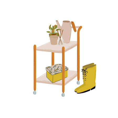 Trendy Scandinavian Urban Greenery at Home Jungle Interior with home decorations. Cozy Home Garden furnished in Hygge style. Crazy Plant Lady illustration. Isolated Vectorのイラスト素材