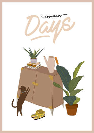 Trendy Scandinavian Urban Greenery at Home Jungle Interior with home decorations. Cozy Home Garden furnished in Hygge style. Crazy Plant Lady illustration. Isolated Vectorのイラスト素材