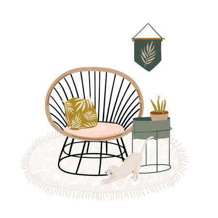 Trendy Scandinavian Urban Greenery at Home Jungle Interior with home decorations. Cozy Home Garden furnished in Hygge style. Crazy Plant Lady illustration. Isolated Vectorのイラスト素材