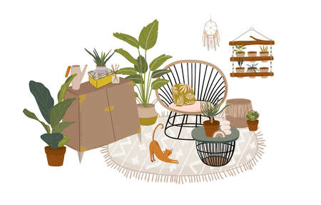 Trendy Scandinavian Urban Greenery at Home Jungle Interior with home decorations. Cozy Home Garden furnished in Hygge style. Crazy Plant Lady illustration. Isolated Vectorのイラスト素材