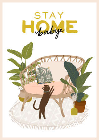 Trendy Scandinavian Urban Greenery at Home Jungle Interior with home decorations. Cozy Home Garden furnished in Hygge style. Crazy Plant Lady illustration. Isolated Vectorのイラスト素材
