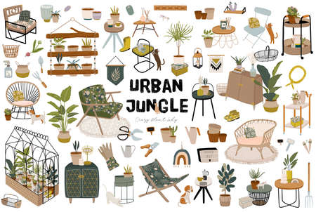 Trendy Scandinavian Urban Greenery at Home Jungle Interior with home decorations. Cozy Home Garden furnished in Hygge style. Crazy Plant Lady illustration. Isolated Vectorのイラスト素材