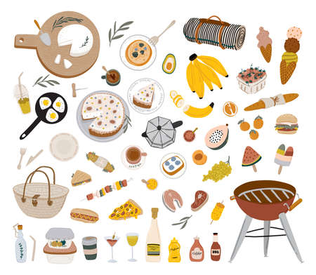 Summer picnic: fruits, berries, cake, hotdog, sandwich, bbq grill, coffee, ice cream, pie. Top view. Icon set flat design of picnic items. For banners, posters, promotion, presentation templatesのイラスト素材