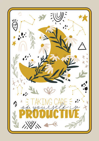Abstract contemporary illustration with floral, fauna, moon, girls power elements. Trendy minimalist clip art with inspirational quote in scandinavian style, bohemian witch, magic mystery concept.のイラスト素材