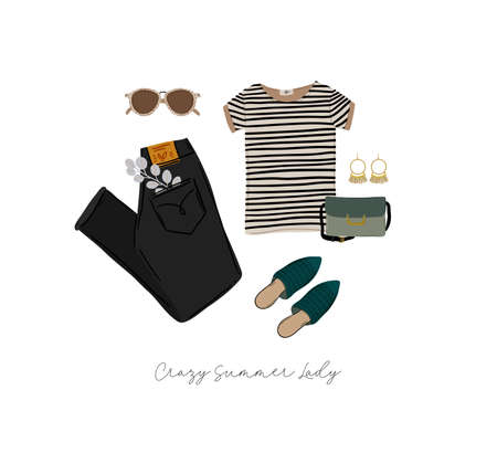 Summer fashion outfit set. Trendy woman clothes, underwaer, swimsuit, hat, bag, shoes, accessories. beauty quotes. vector illustration.のイラスト素材