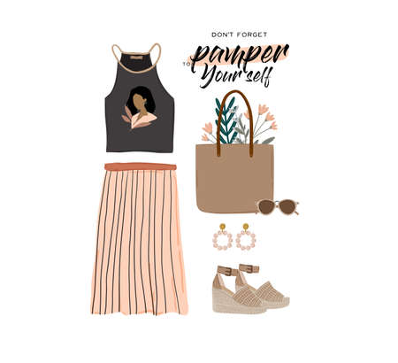 Summer fashion outfit set. Trendy woman clothes, underwaer, swimsuit, hat, bag, shoes, accessories. beauty quotes. vector illustration.のイラスト素材