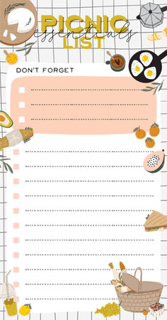 Note paper, to do list with summer fashion outfit set. Trendy woman clothes, underwaer, swimsuit, hat, bag, shoes, accessories. School scheduler and organizer. flat vectorのイラスト素材