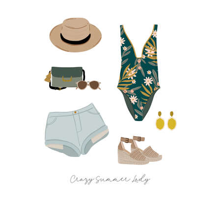 Summer fashion outfit set. Trendy woman clothes, underwaer, swimsuit, hat, bag, shoes, accessories....