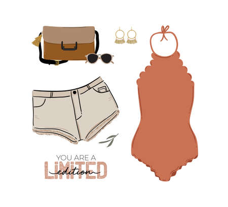 Summer fashion outfit set. Trendy woman clothes, underwaer, swimsuit, hat, bag, shoes, accessories. beauty quotes. vector illustration.のイラスト素材