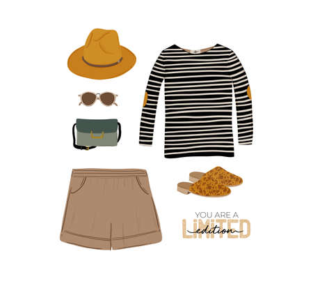 Summer fashion outfit set. Trendy woman clothes, underwaer, swimsuit, hat, bag, shoes, accessories. beauty quotes. vector illustration.のイラスト素材