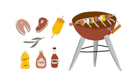 Summer picnic: fruits, berries, cake, hotdog, sandwich, bbq grill, coffee, ice cream, pie. top view. Icon set flat design of picnic items. For banners, posters, promotions, presentation templatesのイラスト素材