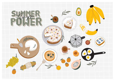 Summer picnic: fruits, berries, cake, hotdog, sandwich, bbq grill, coffee, ice cream, pie. top view. Icon set flat design of picnic items. For banners, posters, promotions, presentation templatesのイラスト素材
