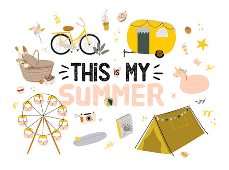outdoor leisure activity set. Backpacking and trekking holiday on nature. Summer camping, summer picnic, summer relax. Vector flat icons isolated concept with inspirational typography quote.のイラスト素材