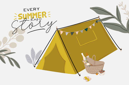 outdoor leisure activity set. Backpacking and trekking holiday on nature. Summer camping, summer picnic, summer relax. Vector flat icons isolated concept with inspirational typography quote.のイラスト素材