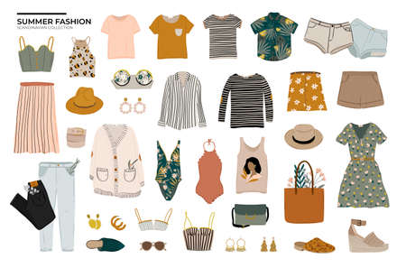 Summer fashion outfit set. Trendy woman clothes, underwaer, swimsuit, hat, bag, shoes, accessories. beauty quotes. vector illustration.のイラスト素材