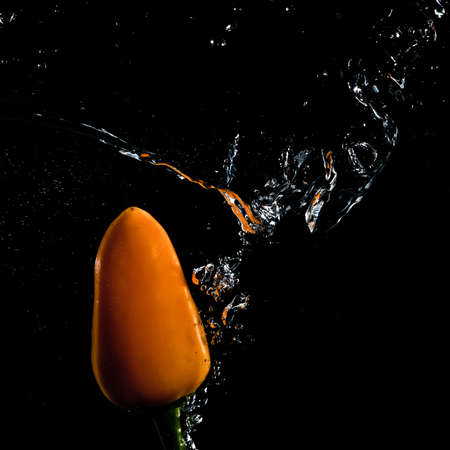 A chilli pepper falling into a tank of water.の写真素材
