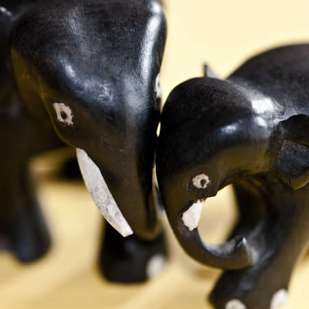 A macro shot of two ebony elephants with ivory tusks.