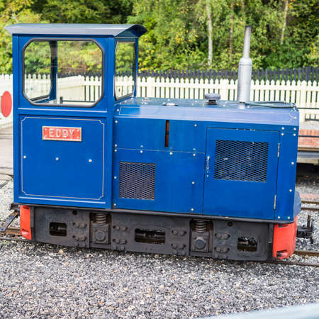 A shot of a small blue diesel locomotive called Eddy 