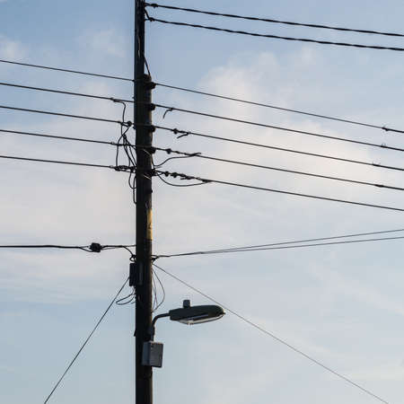 A silhouette of lots of wires attached to a telegraph pole.の写真素材