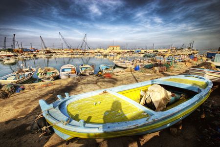 romantic scene of fishing boats at a port in sidon lebanon の写真素材