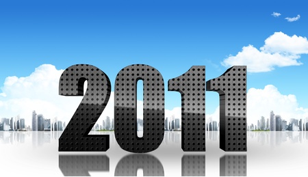 3d render of metal 2011 new year against a skyscapeの写真素材