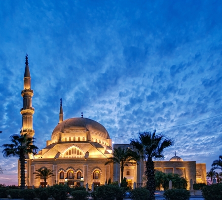 Hariri mosque in saida, south lebanon illuminated against a nice dark blue skyの写真素材