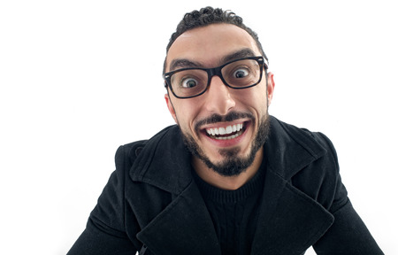 Funny Businessman with Crazy Expression isolated on white background,の写真素材