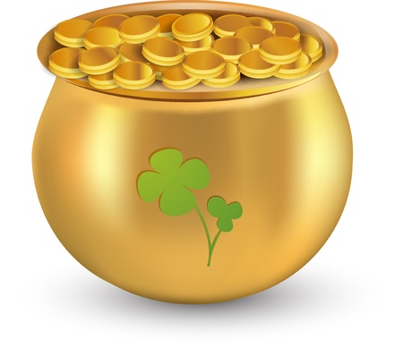 Gold coins pot with clover leaf against white background for St  Patrickのイラスト素材