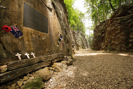 Kanchanaburi, Thailand - Jun 27, 2014: Australia flag embroidered on Hellfire Pass in Kanchanaburi...