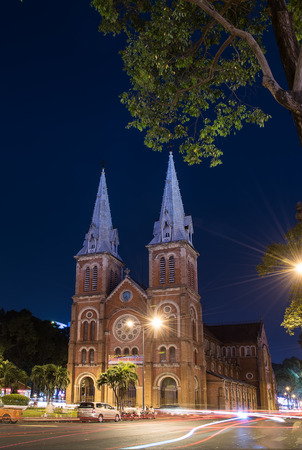 Ho chi minh, Vietnam- FEB 27, 2015 :Notre-Dame Saigon Basilica in night time.The Roman Catholic Church established a community and religious services for French colonialists.の写真素材