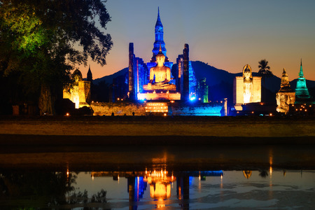 sukhothai historical park, world heritage site in Thailand were illuminated in the light show between 10 december 2016 - 3 january 2017.の写真素材
