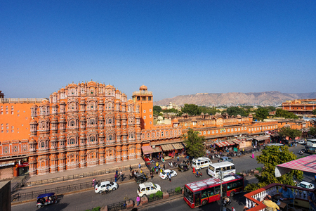 JAIPUR, RAJASTHAN, INDIA- FEB 22, 2018: Aerial view of front facade of Hawa Mahal palace (Palace of the Winds) from opposite building.のeditorial素材