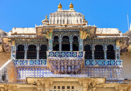 UDAIPUR, RAJASTHAN, INDIA- FEB 24, 2018 : Close up of the balconies of Chini Chitrashala that decorated by chinese and dutch ornamental tiles.のeditorial素材