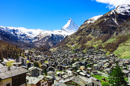Aerial View on Zermatt village and Matterhorn Peak in background, Switzerlandの写真素材