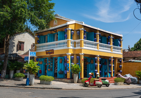 Hoi An, Vietnam - October 7, 2019 : Traditional building with a unique yellow color in old town of Hoi An, world heritage city in Vietnam.のeditorial素材